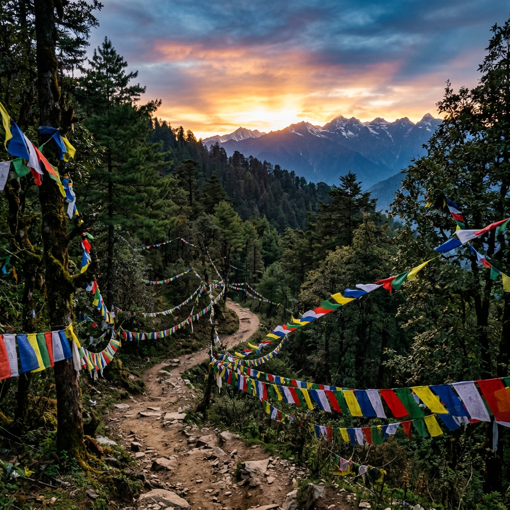 Forest mountain path lined with colorful prayer flags and snow-covered peaks at sunset